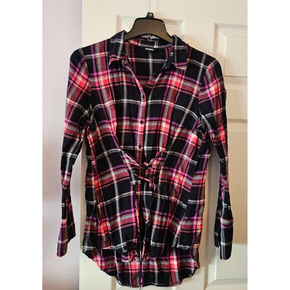 Express Women's Plaid Lace-Up Front Corseted Flannel Black/Pink Sz L Goth - Picture 1 of 10